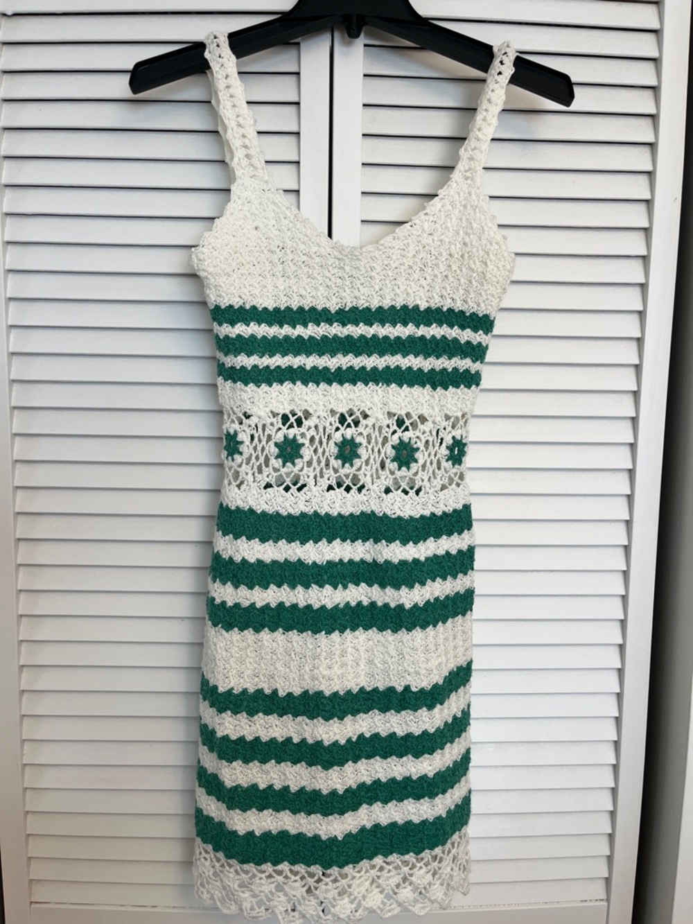 Handmade Crochet White and Green Striped Dress